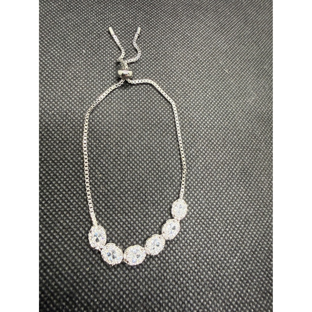 Silver Tone Oval Halo Cubic Zirconia Adjustable Bolo Bracelet